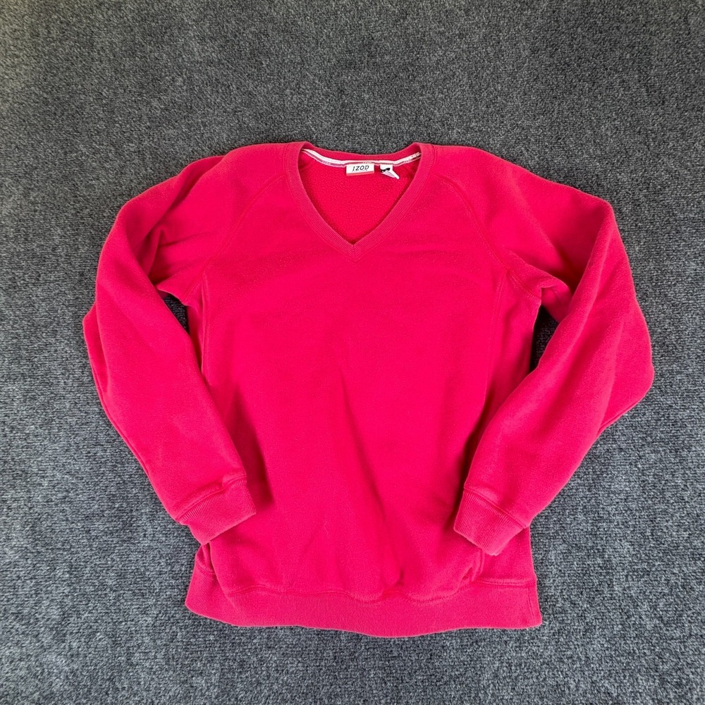 IZOD PerformX Sweatshirt Women M Fuchsia Pink Fleece Cotton V Neck Pullover READ
